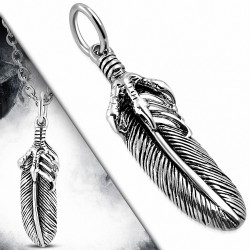 Pendentif motard plume d'aigle argentée et griffe argentée en acier inoxydable