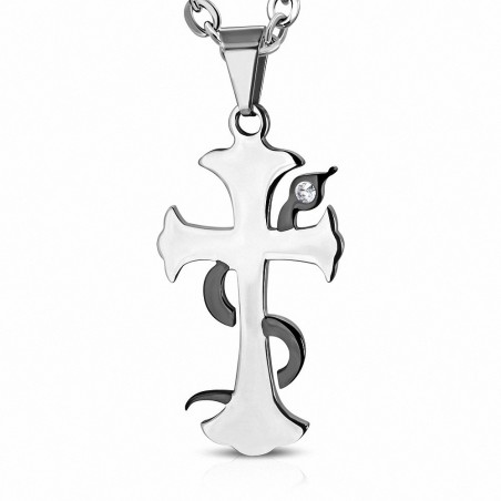 Pendentif croix médiévale avec 2 signes de zodiaque chinois avec signe de serpent et acier inoxydable