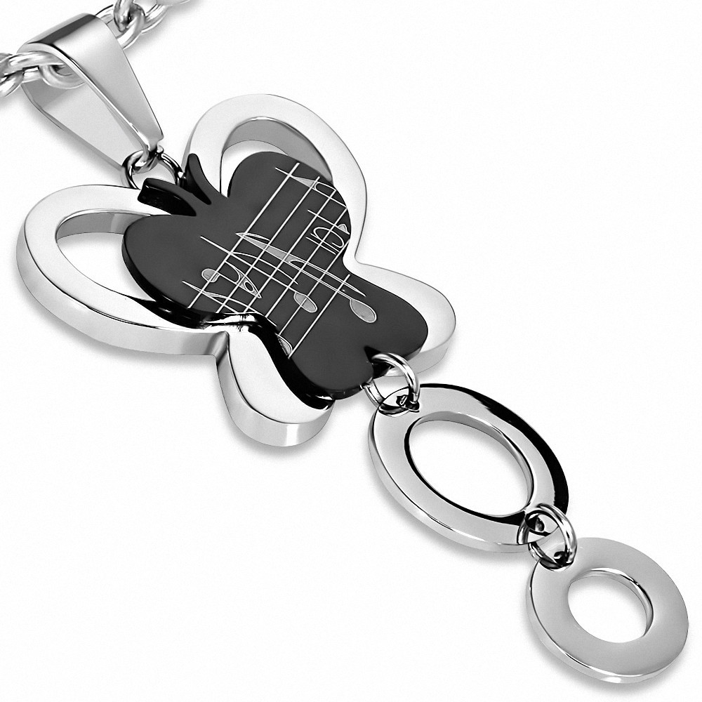 Pendentif papillon noir avec notes de musique et cercles argentés en acier inoxydable