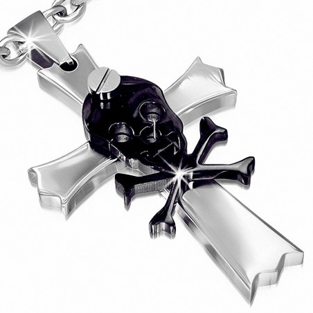 Pendentif croix de crâne de pirate Fleur De Lis en acier inoxydable à 2 tons -