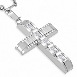 Pendentif croix géométrique avec baguette en acier inoxydable avec zircons -