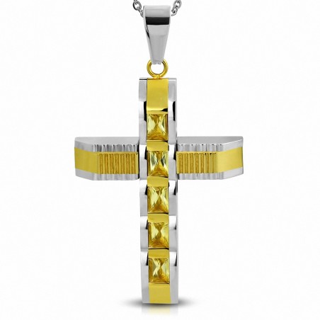 Pendentif croix géométrique argentée acier inoxydable avec baguettes dorées et gemme