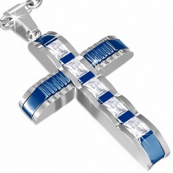 Pendentif croix géométrique argentée acier inoxydable avec baguettes bleues et gemme