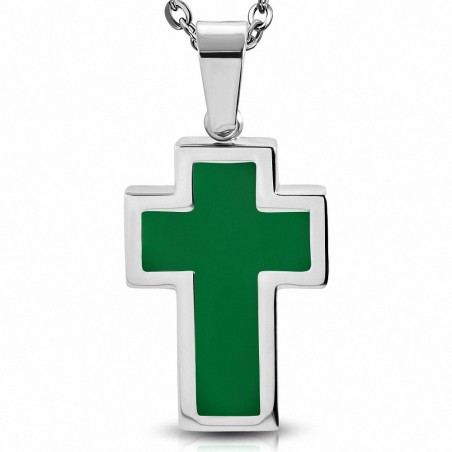 Pendentif croix latine en acier inoxydable argenté et émaillé vert