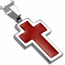 Pendentif croix latine en acier inoxydable argenté et émaillé rouge