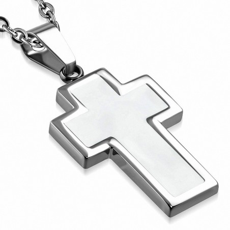 Pendentif croix latine en acier inoxydable argenté et émaillé blanc