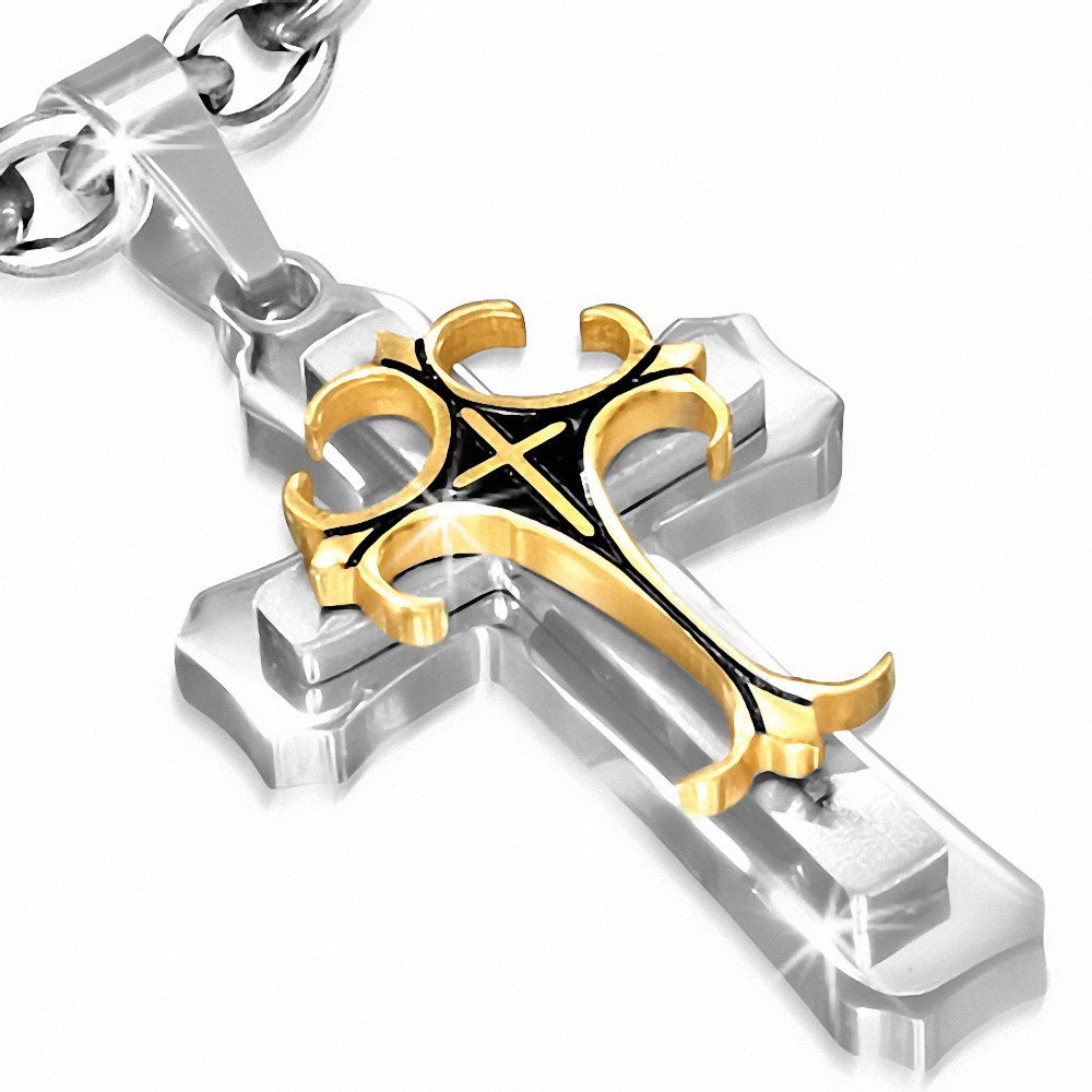 Pendentif triple croix Fleur De Lis en acier inoxydable à 3 tons