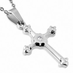 Pendentif double croix médiévale en acier inoxydable argenté et gemmes