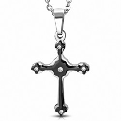 Pendentif double croix médiévale en acier inoxydable argenté/noir et gemmes