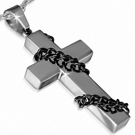 Pendentif croix latine envelopper de chaîne à deux tons en acier inoxydable