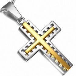 Pendentif croix double géométrique latine en acier inoxydable à deux tons