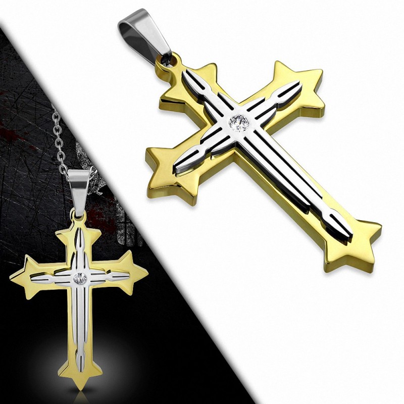 Pendentif croix médiévale double étoile en étoile avec brillants en acier inoxydable - strass