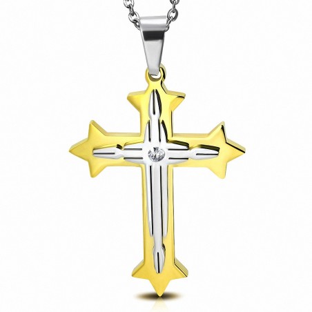Pendentif croix médiévale double étoile en étoile avec brillants en acier inoxydable - strass