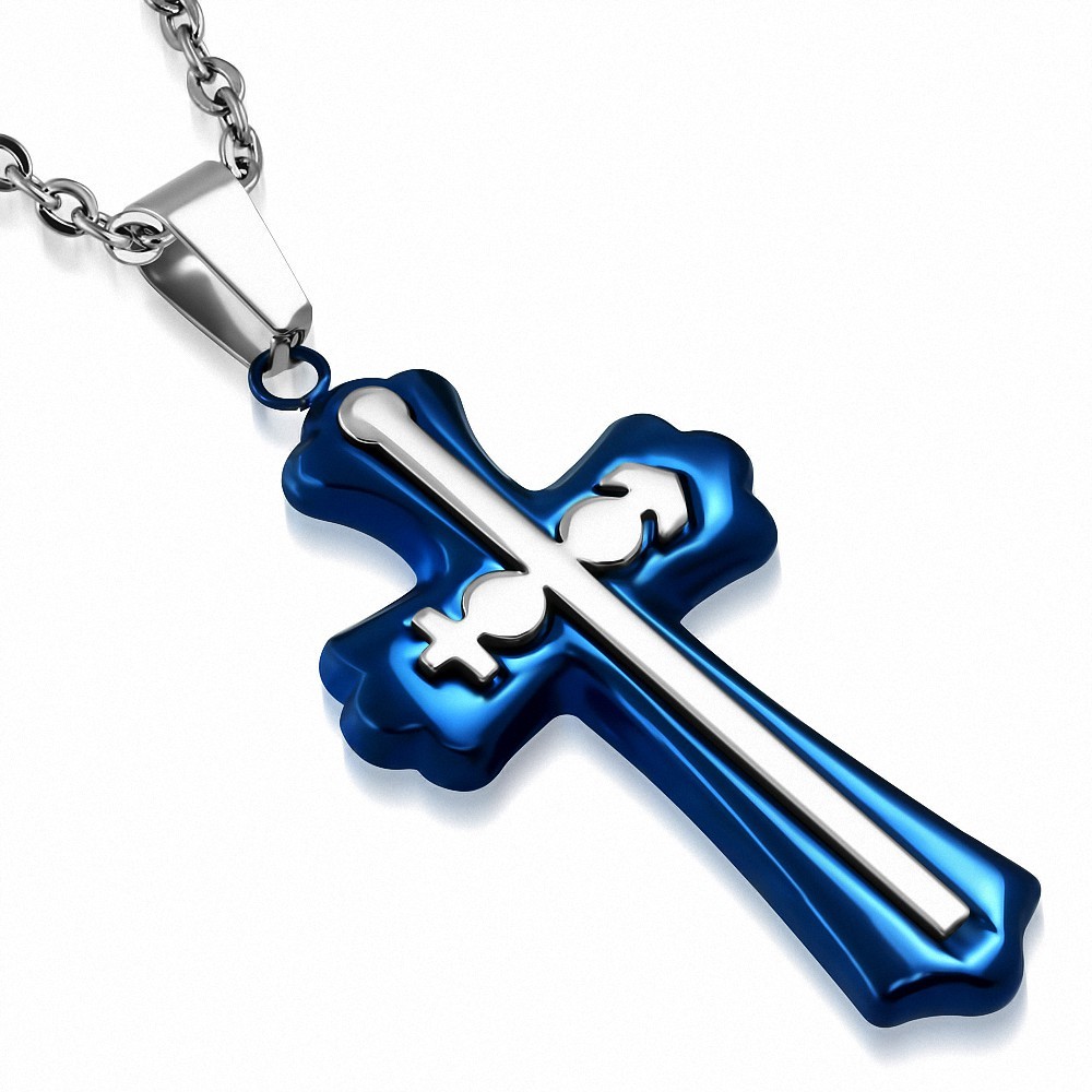 Pendentif croix médiévaledouble en acier inoxydable bleu/argenté