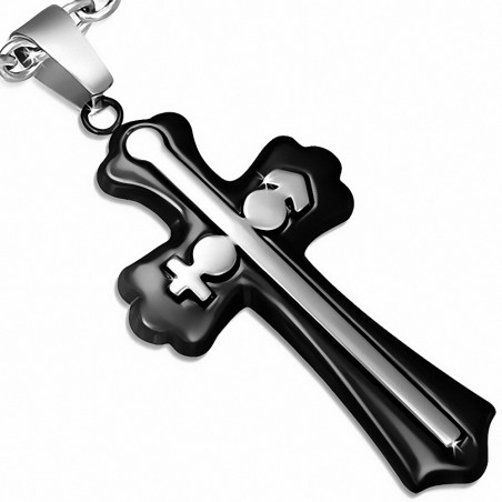 Pendentif croix médiévale double en acier inoxydable noir/argenté