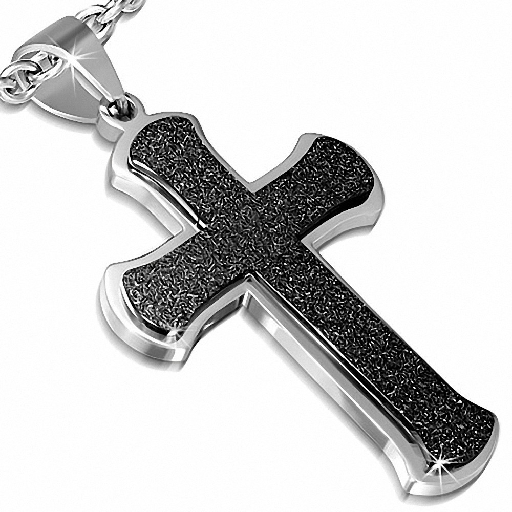 Pendentif croix médiévale sablée en acier inoxydable à deux tons