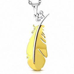 Pendentif plume dorée tige argentée et gemmes