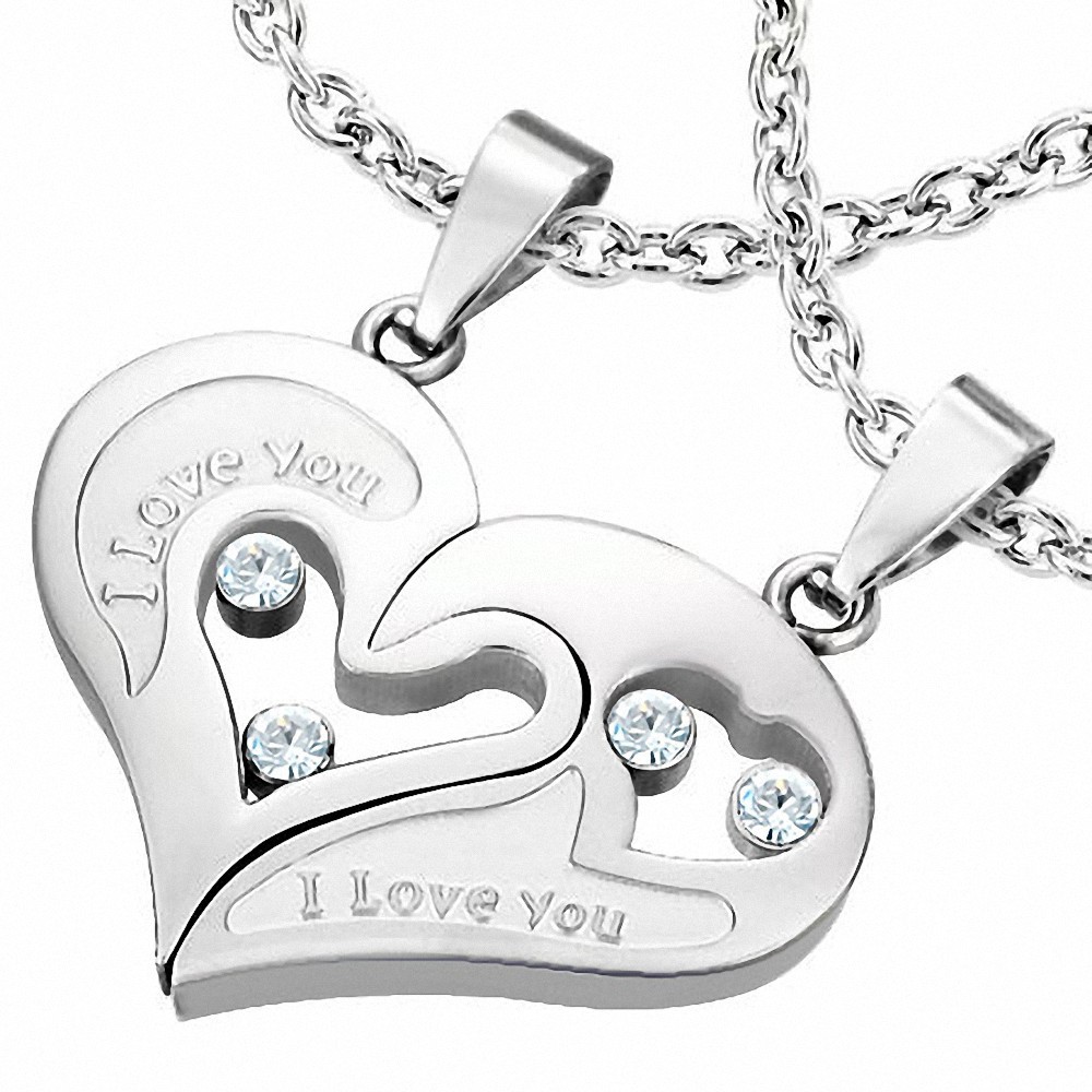 Pendentif 2 pièces en acier inoxydable I Love You avec monogramme et cœur - Monogramme