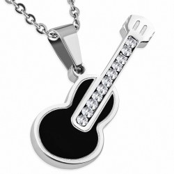 Pendentif  guitare en acier inoxydable argenté/noir et strass