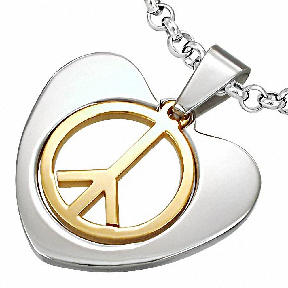 Pendentif breloque coeur amour signe de la paix 2 tons en acier inoxydable