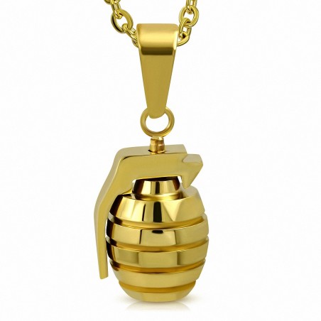 Pendentif en argent avec pendentif en forme de grenade à main en acier inoxydable doré