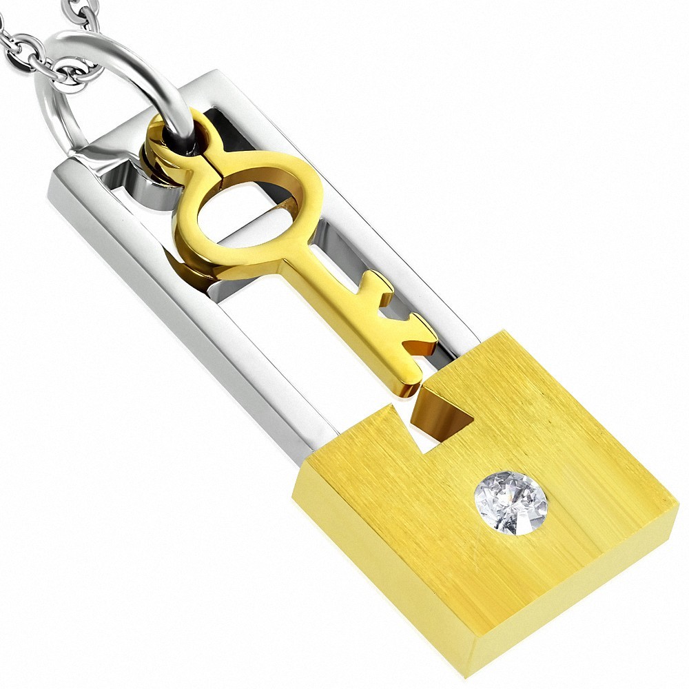 Pendentif en forme de clé de cadenas en 2 parties en acier inoxydable avec 2 pièces