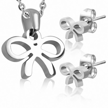 Pendentif en forme de ruban avec nœud papillon en acier inoxydable et paire de dormeuses (SET)