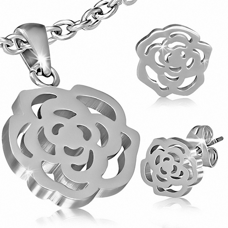 Pendentif et pendentif en forme de breloque en forme de fleur de rose à couper en acier inoxydable (SET)