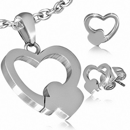 Pendentif en forme de coeur avec double amour en acier inoxydable et paire de boutons d'oreilles (SET)