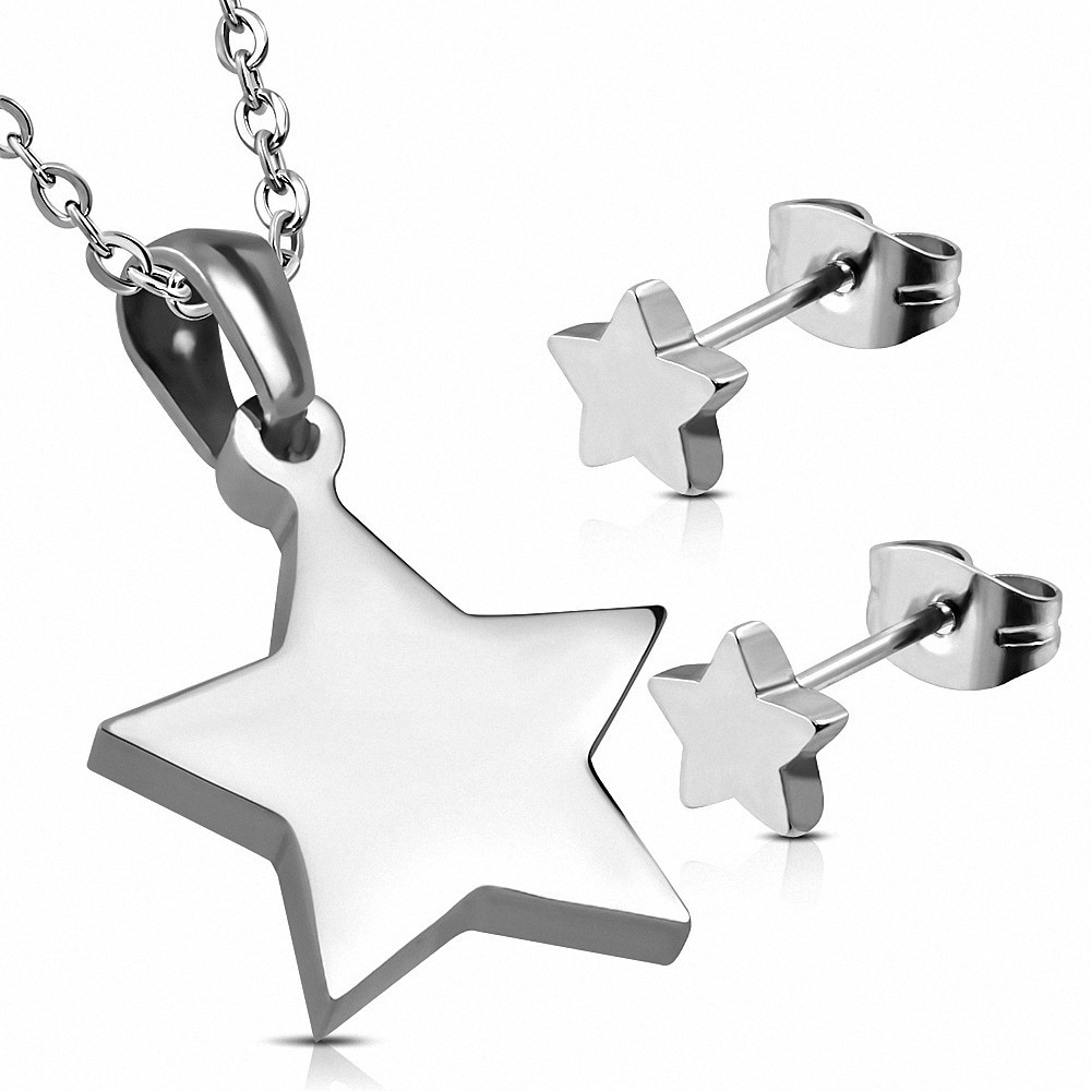 Pendentif étoile brillante en acier inoxydable et paire de dormeuses (SET)