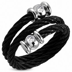 Bague taille unique en acier inoxydable noir câble torsadé et embout en alliage argenté avec strass