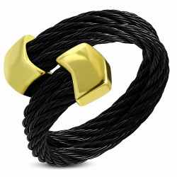 Bague taille unique en acier inoxydable noir double câble torsadé et embout en alliage doré