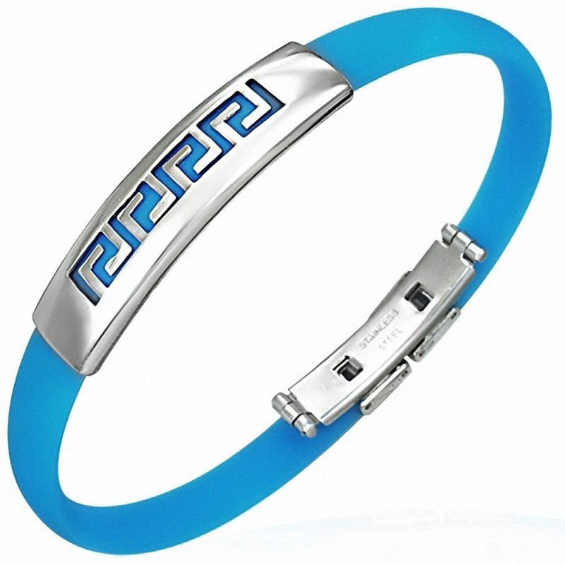 Bracelet caoutchouc bleu clair style montre fine avec motif clé grecque en acier inoxydable et fermeture à clips