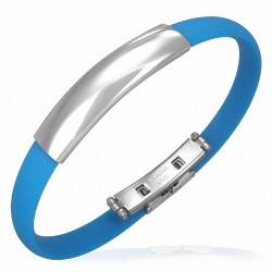 Bracelet caoutchouc bleu style montre fine avec plaque gravable en acier inoxydable et fermeture à clips