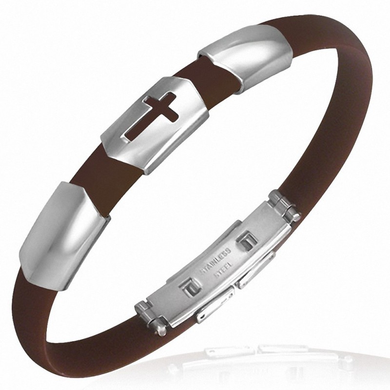 Bracelet caoutchouc marron style montre fine avec motif croix latine en acier inoxydable et fermeture à clips