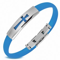 Bracelet caoutchouc bleu style montre fine avec motif croix maltaise en acier inoxydable et fermeture à clips