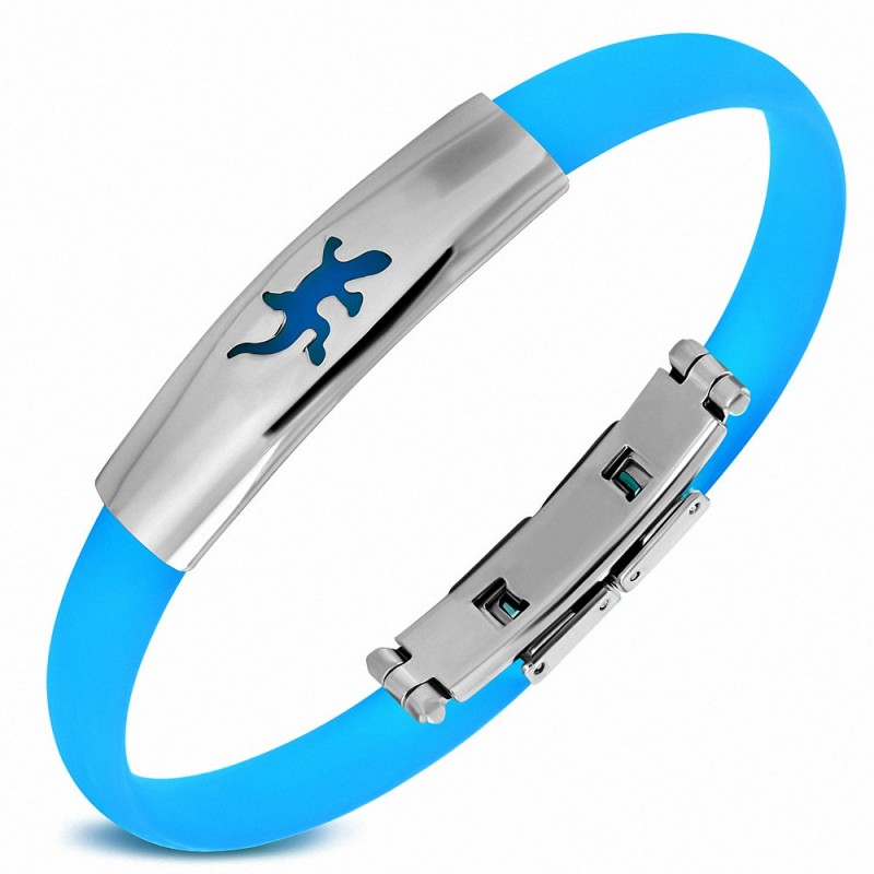 Bracelet caoutchouc bleu clair style montre fine avec motif lézard en acier inoxydable et fermeture à clips