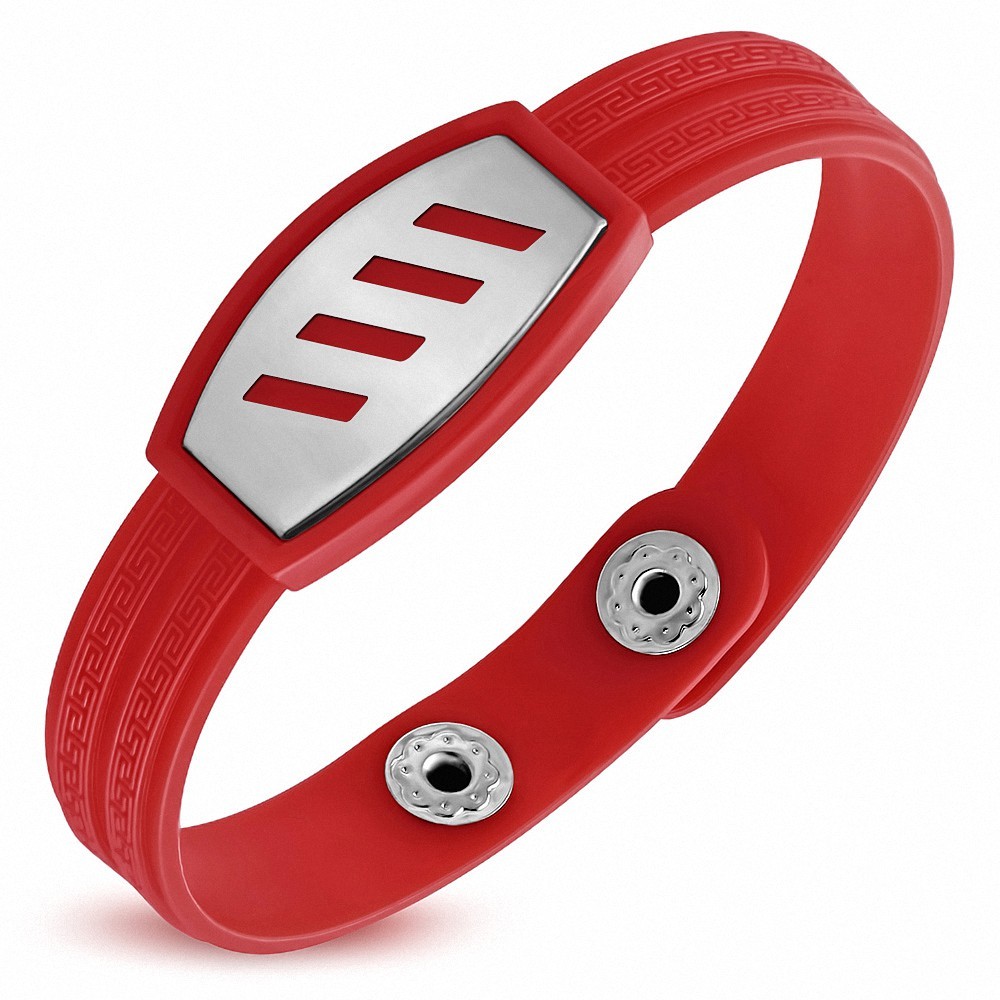 Bracelet caoutchouc rouge avec clé grecque style montre avec motif diagonale en acier inoxydable et fermeture à pression