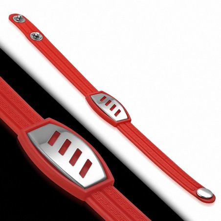 Bracelet caoutchouc rouge avec clé grecque style montre avec motif diagonale en acier inoxydable et fermeture à pression