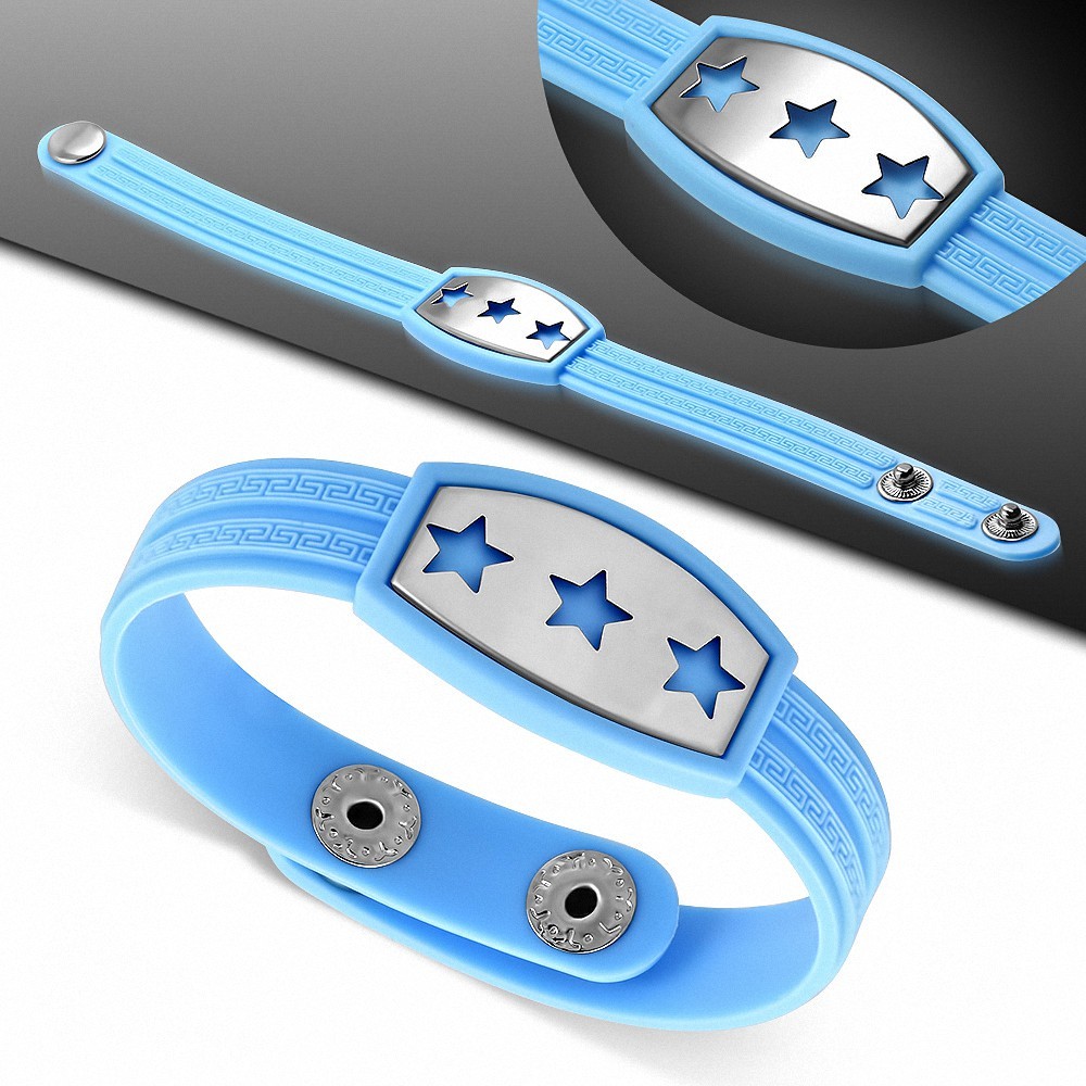 Bracelet caoutchouc bleu clair avec clé grecque style montre avec motif 3 étoiles en acier inoxydable et fermeture à pression