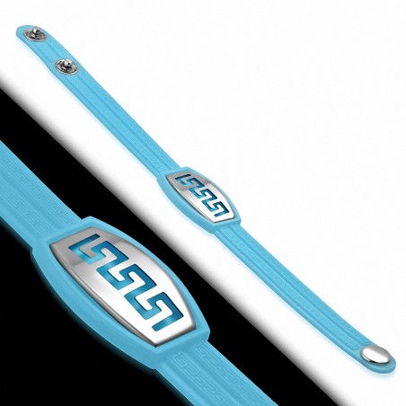 Bracelet caoutchouc bleu clair avec clé grecque style montre avec motif clé grecque en acier inoxydable et fermeture à pression