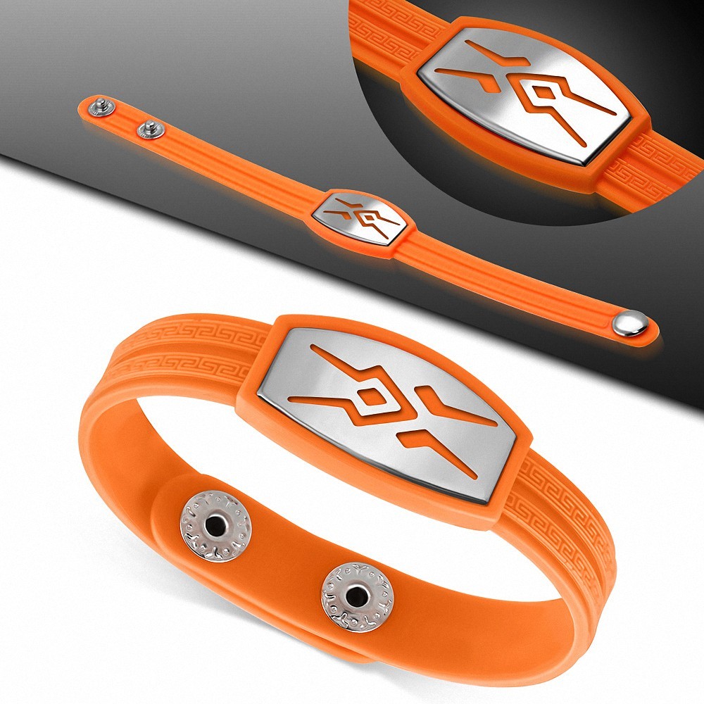 Bracelet caoutchouc orange avec clé grecque style montre avec motif tribal en acier inoxydable et fermeture à pression