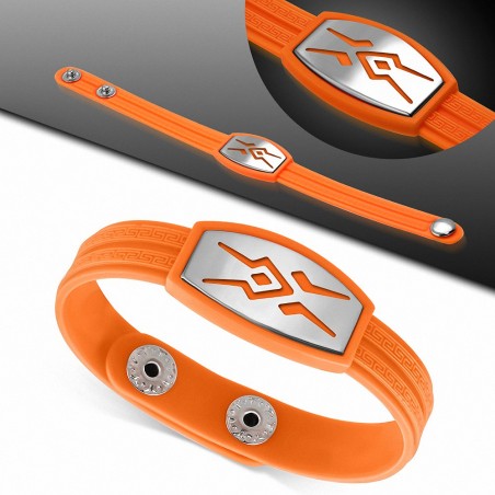 Bracelet caoutchouc orange avec clé grecque style montre avec motif tribal en acier inoxydable et fermeture à pression
