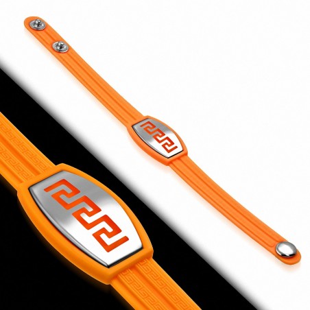 Bracelet caoutchouc orange avec clé grecque style montre avec motif clé grecque en acier inoxydable et fermeture à pression