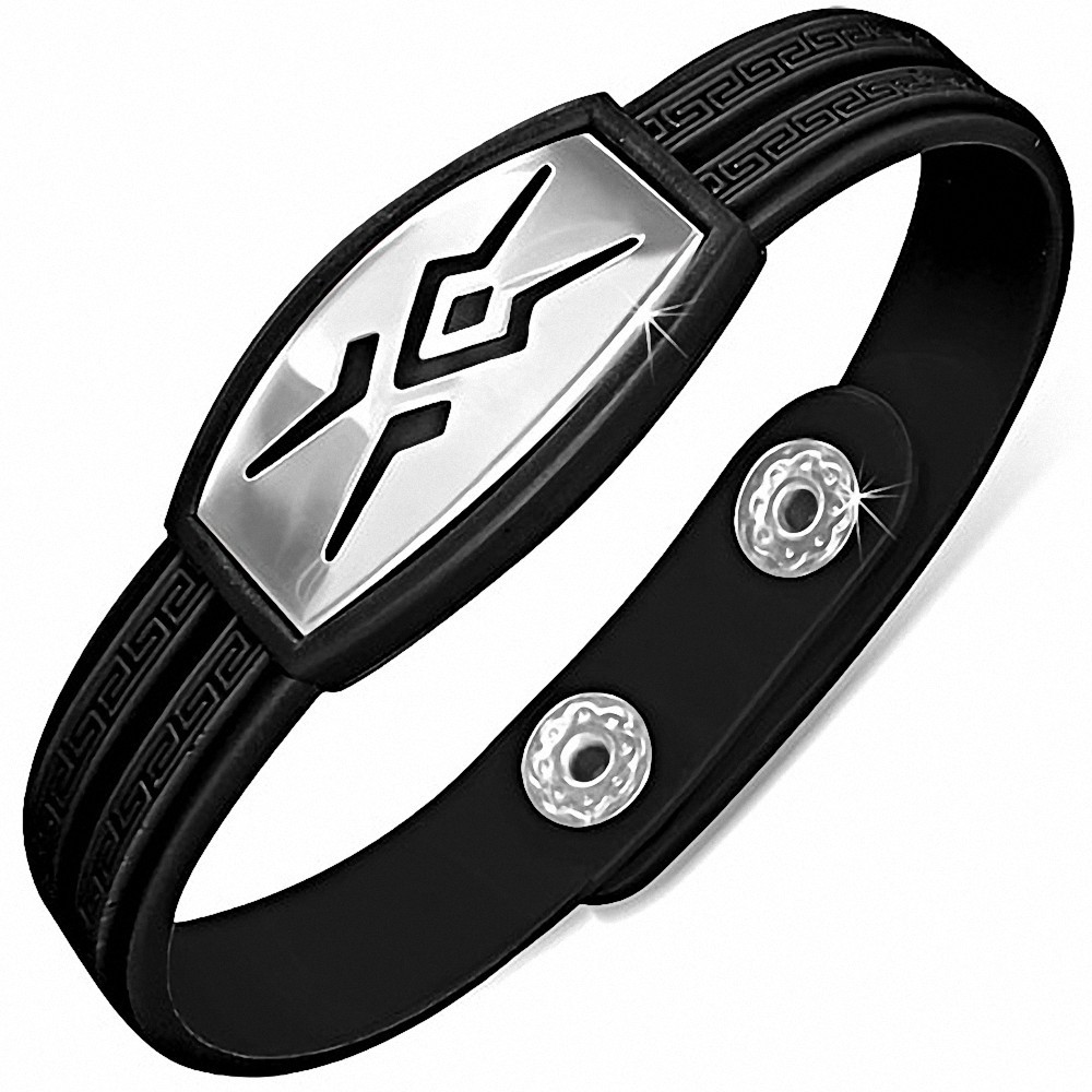 Bracelet caoutchouc noir avec clé grecque style montre avec motif tribal en acier inoxydable et fermeture à pression