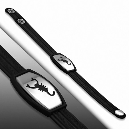 Bracelet caoutchouc noir avec clé grecque style montre motif signe zodiaque scorpion en acier inoxydable fermeture à pression