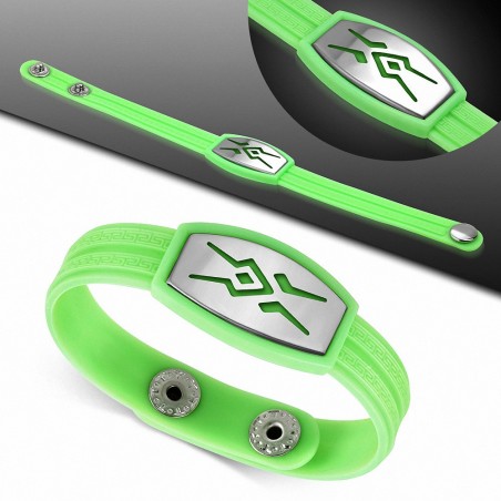 Bracelet caoutchouc vert pomme avec clé grecque style montre avec motif tribal en acier inoxydable et fermeture à pression