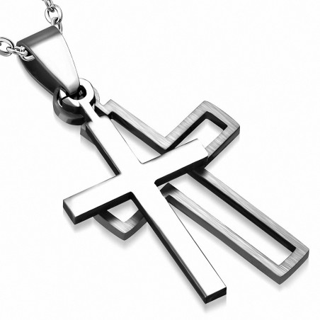 34mm | Pendentif croix latine en 2 parties avec découpe en acier inoxydable