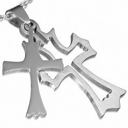 Pendentif croix en deux parties en acier inoxydable avec découpe Fleur De Lis