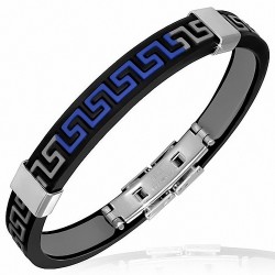 Clé grecque grise et bleue Bracelet en caoutchouc noir 4 tons avec verrou en acier inoxydable